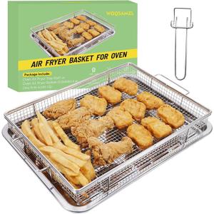 Extra Thick Air Fryer Basket for Full Size Oven,2 PCS-Set,Air Fry Basket & Crisper Tray Pan,Easy Cleaning and Crispy Results,Stainless Steel Air Fryer Accessories,with one Removable Handle,15''11''