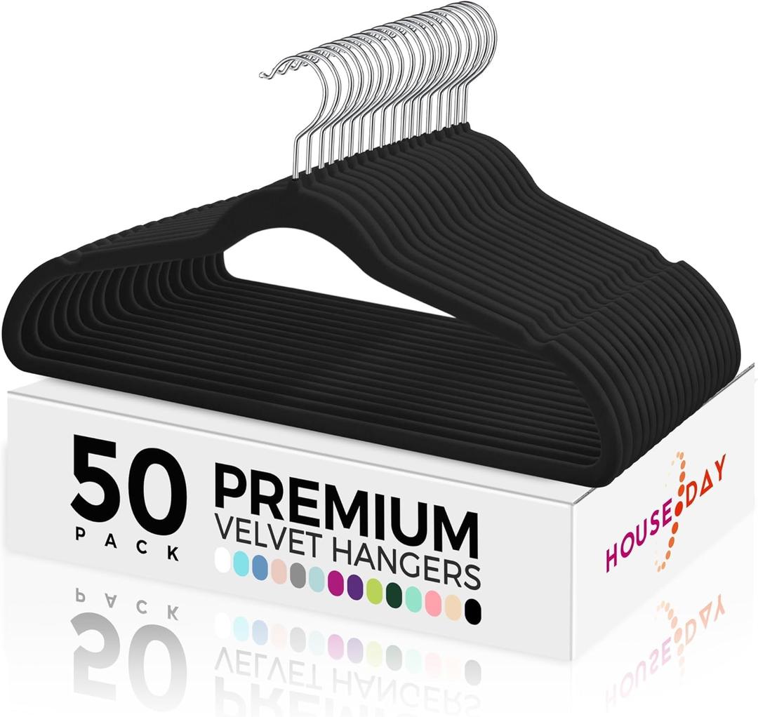 HOUSE DAY Premium Velvet Hangers 50 Pack Black, Non-Slip Flocked Felt Hangers, Sturdy Clothes Hangers with 360 Rotatable Hook, Heavy Duty Coat Hanger, Durable Slim Hanger for Closet Space Saving