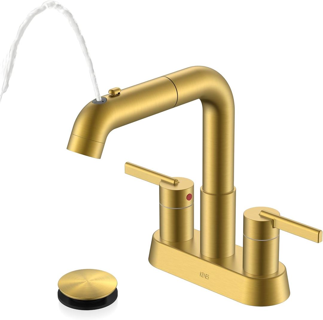 KENES Pull Down Bathroom Faucet with Sprayer, Brushed Gold 4 Inch 2 Handle Centerset Bathroom Faucet 3 Hole with Pull Out Sprayer, Vanity Faucet with Pop Up Drain & Supply Lines LJ-9059A-4