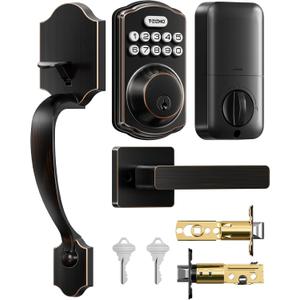 TEEHO TK001H Keyless Entry Door Lock with Handle Set, Electronic Deadbolt Keypad Door Lock with Code, Smart Locks for Front Door, Exterior Door Handle, Auto-Lock, Easy to Install, Oil-Rubbed Bronze