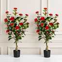 Artificial Camellia Tree 2 Pack, 3FT Faux Camellia Plant in Pot, 36 inch Fake Potted Camellia Flower Tree Plastic Camellia Tree for Modern Home Office Christmas Living Room Floor Decor Indoor, Red