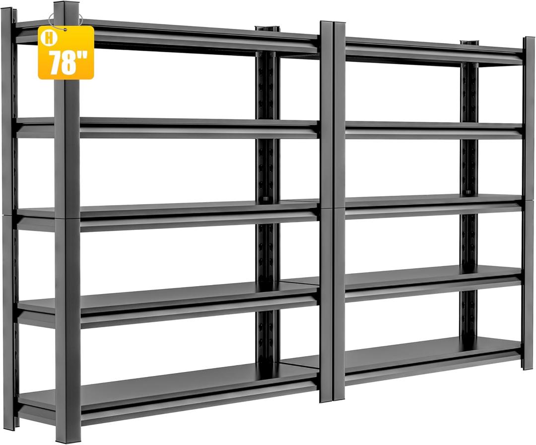 2 Sets Metal Garage Shelving Unit, 78"H Heavy Duty 5-Tier Adjustable Storage Rack, 18"D x 48"W x 78"H Steel Shelving, 3000 lbs Industrial Shelves for Heavy Tools and Equipment, Ideal for Garage, Basement