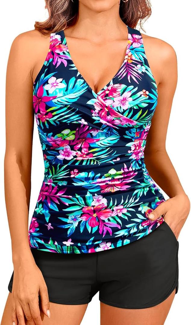 Womens Tankini Swimsuits with Shorts - Two Piece Tummy Control Bathing Suits Top with Two Pockets Swim Bottom M