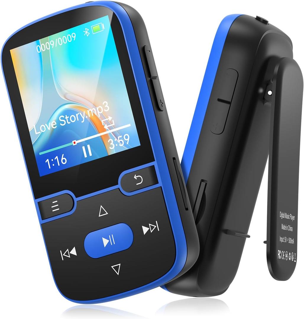 64GB MP3 Player with Clip Bluetooth 5.3 Portable Music Player for Kids with FM Radio, Pedometer, Voice Recorder, Shuffle and Repeat, Weighs Only 28g for Sport and Running, TF Card Up to 128G(Blue)