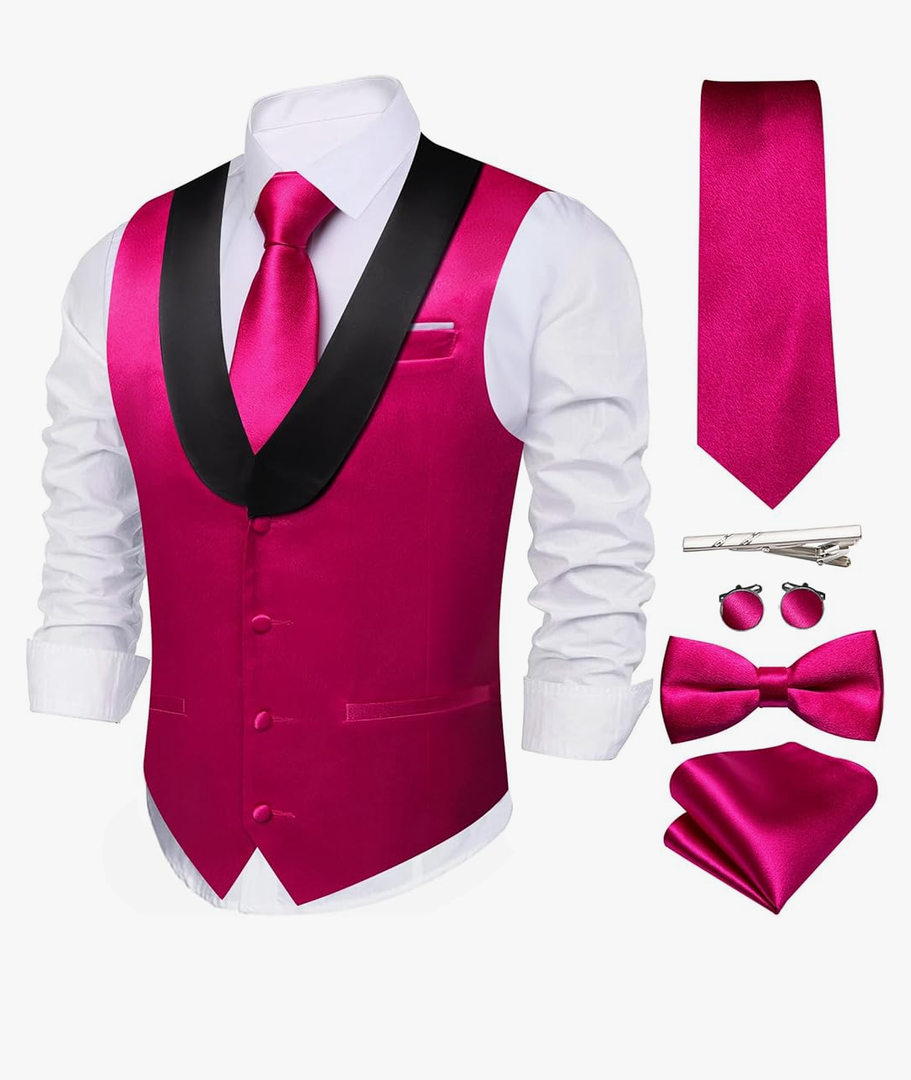 Barry.Wang Mens Formal Suit Vest Casual Business Waistcoat Tie Bowtie Set Shawl Collar Slim Fit Vest Wedding Party, Size Small