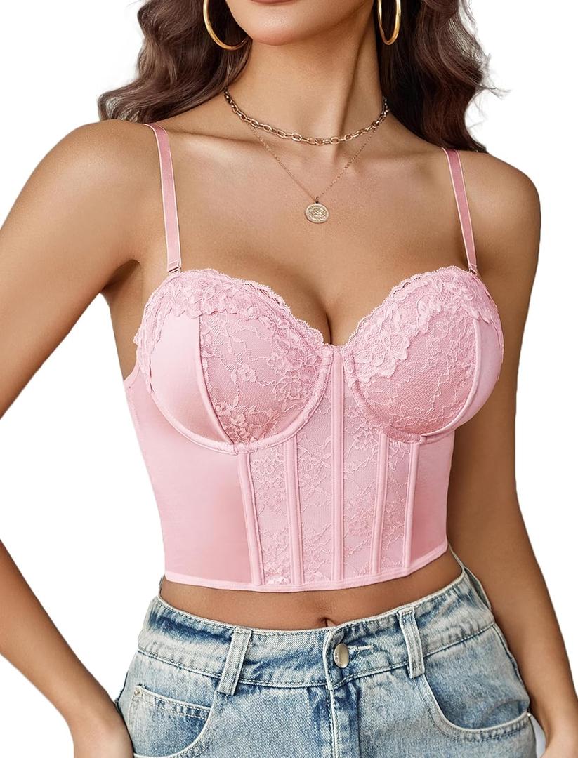 Avidlove Bustier Tops for Women V Neck Lace Bralettes with Underwired Sexy Corset Concert Crop Top (Medium, Pink)