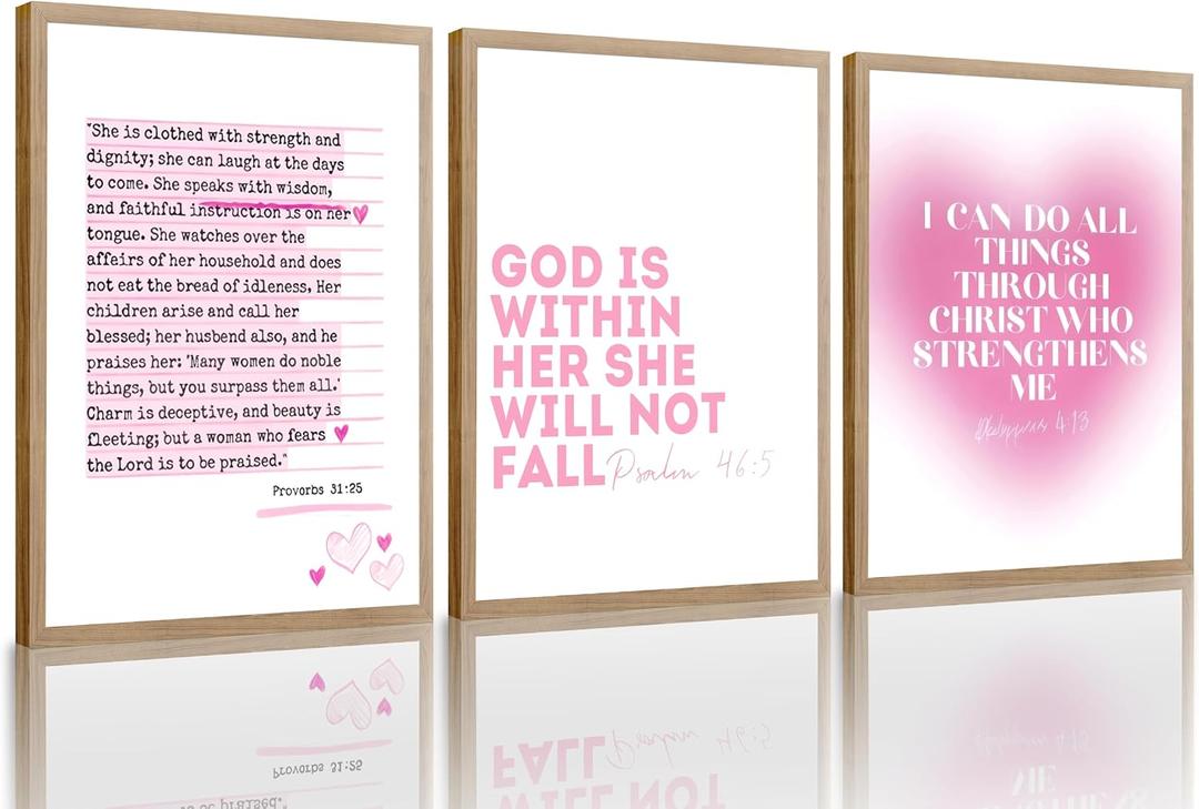 3pcs Pink Bible Verses Wall Art Christian Aesthetic Wall Decor Pictures Preppy Inspirational Scripture Quote Canvas Posters Prints for Girly Bedroom Preppy Religious Decor 12x16in Unframed