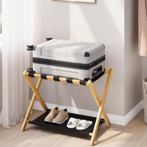 Luggage Rack, Folding Luggage Rack for Guest Room, Bamboo Suitcase Stand Holds up to 131 lb, Luggage Stand with Storage Shelf for Hotel, Bedroom (1 Pack)