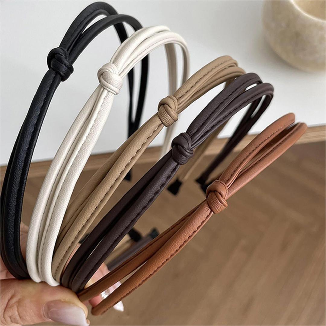 WOVOWOVO 5 Pcs Thin Leather Headbands for Women, Cute Knotted Head Bands for Womens Hair Womens Headbands Fashion Black Brown White Headband for Womens Hair Accessories