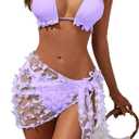 Blooming Jelly Womens 3 Piece Swimsuits Triangle Halter Thong Bikini Set Butterfly Bathing Suits Sarongs (Purple, Light Sky Blue)