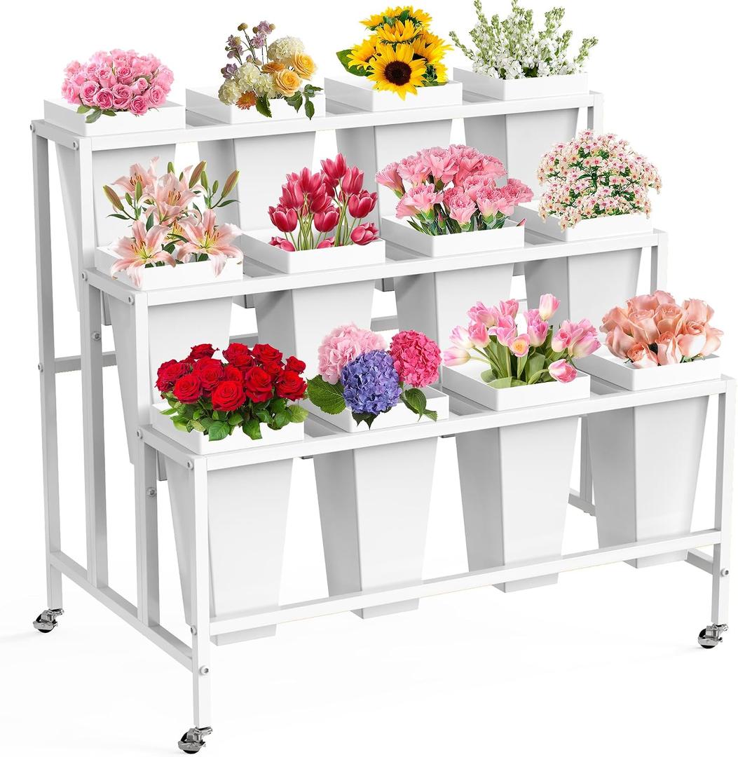 VGMiu Flower Display Stand with 12 Buckets, Flower Cart 3 Layers White Metal Flower Bar Stand with Wheels, Moving Florist Bouquet Shelf for Weddings Florist Indoor Outdoor Patio Garden Living Room