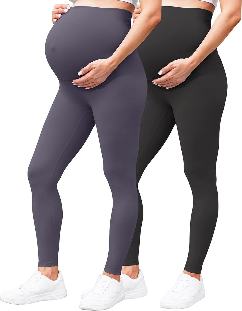 Women's Maternity Leggings Over The Belly - Ultra Stretchy Soft Bump Support Workout Activewear Yoga Pregnancy Pants (2 Pack-black/Leaden Grey)