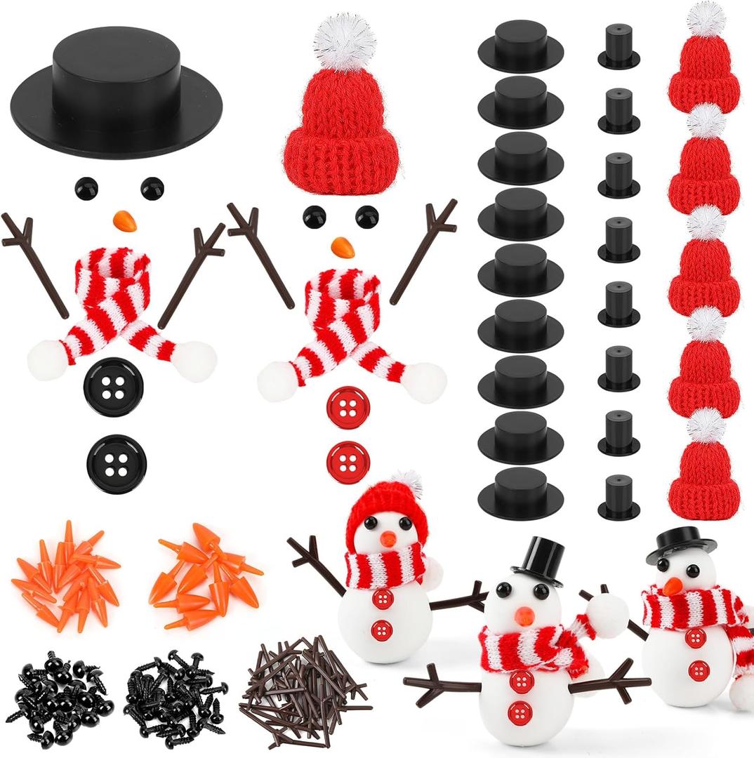 UPINS 320 Pcs Christmas Snowman DIY Craft Kit,20 Mini Black Hats 5 Knitted Hats 50 Eyes 25 Carrot Noses 50 Trigeminal Hands 150 Buttons 20 Scarves for Christmas Snowman Making Supplies