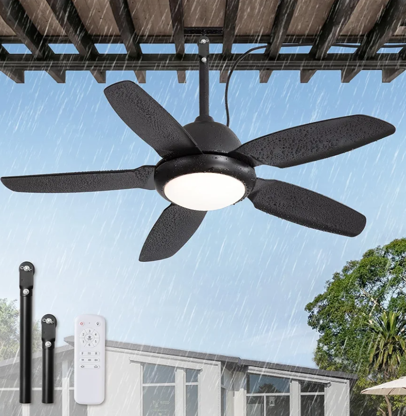 42 Inch Waterproof Outdoor Ceiling Fan with Lights and Remote,IP65 Hanging Gazebo Fan with 3CCT 6-Speed DC Motor,Black Wet Rated Plug in Ceiling Fan with Cord for Patios Porch Pergola