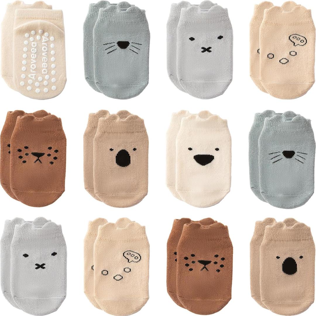 Baby Toddler Socks Grip Non Slip Boys Girls Cotton 12 Pack for Kids Ankle Cute Socks 6M-7Years (3-5T, Animals5)