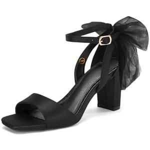 Coutgo Women's Bow Tie Heeled Sandals Chunky Heels One Strap Satin Ankle Buckle Dress Wedding Shoes Size 6