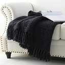 HORIMOTE HOME Chunky Black Knitted Throw Blanket for Couch, Chair, Sofa, or Bed - Chic Boho Style with Textured Basket Weave Pattern & Decorative Fringe - 50"x60" Blanket