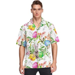 Hawaiian Shirt for Men Short Sleeve Easter Bunny Eggs Rabbit Beach Casual Button Down Aloha Shirt (M)