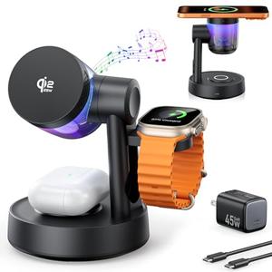 Qi2.2 25W Fast Wireless Charger Design for MagSafe Charger for iPhone 17/16/S26 Ultra, 3 in 1 Magnetic Charging Station with Bluetooth Speaker & Light, Watch Charger Stand for Apple Watch, for Buds