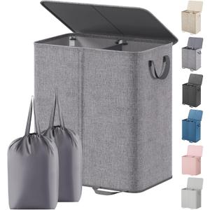 Lifewit Double Laundry Hamper with Lid and Removable Laundry Bags, Large Collapsible 2 Dividers Dirty Clothes Basket with Handles for Bedroom, Laundry Room, Closet, Bathroom, College, 136L Grey
