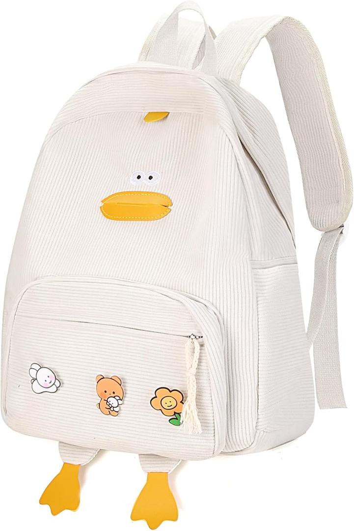 Cute Dcuk Backpack for Teens Girls Women, Kawaii Funny Aesthetic Corduroy Bookbag for High Middle School, White (Medium)
