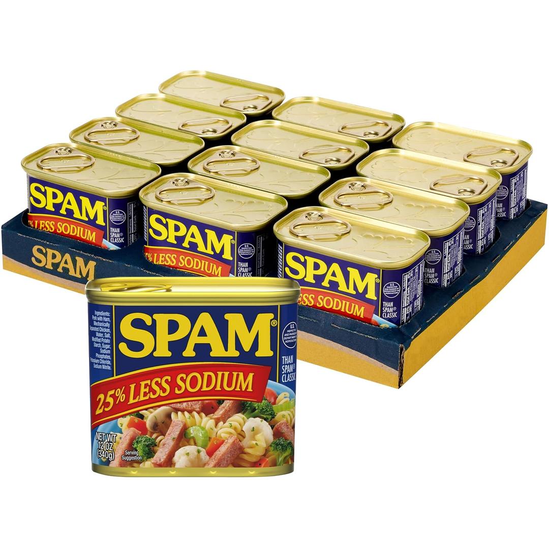 SPAM 25% Less Sodium Canned Meat, Protein, Shelf Stable Food, 12oz x12 (EXP 04/20/29)