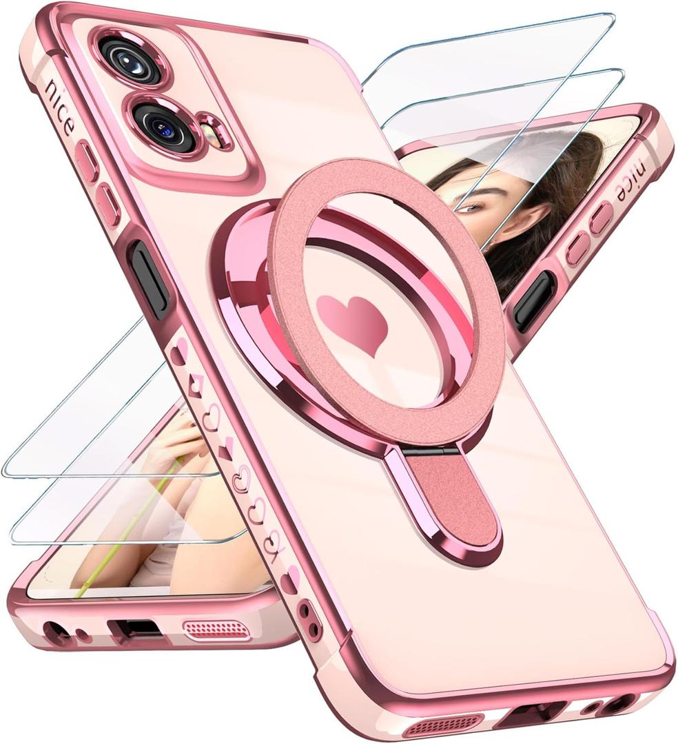 Compatible with Motorola Moto G 5G 2024 Love Heart Kickstand Case with Screen Protector: Luxury Plated Gold Edge Slim Soft TPU Shockproof Protection Case Cover for Moto G 5G 2024 (Pink)