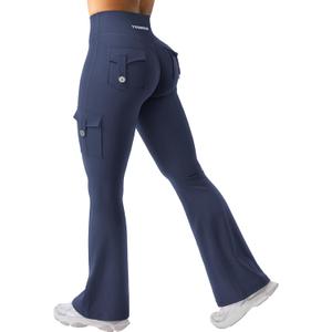 YEOREO CoreFlex Women Workout Flare Leggings with Pockets Hidden Scrunch High Waisted Cargo Gym Yoga No Front Seam Leggings (Small, Navy)
