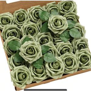 Ling's moment Artificial Flowers 50Pcs Elf Green Roses Decor w/Stems,3" Real Touch DIY Foam Floral for Wedding Bouquet/Centerpieces, Outdoors Party Backdrop, Room/Table, and Garden/Pot Decorations