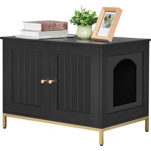 Homhedy 28.3" L Cat Litter Box Enclosure with Metal Frame, Black and Gold