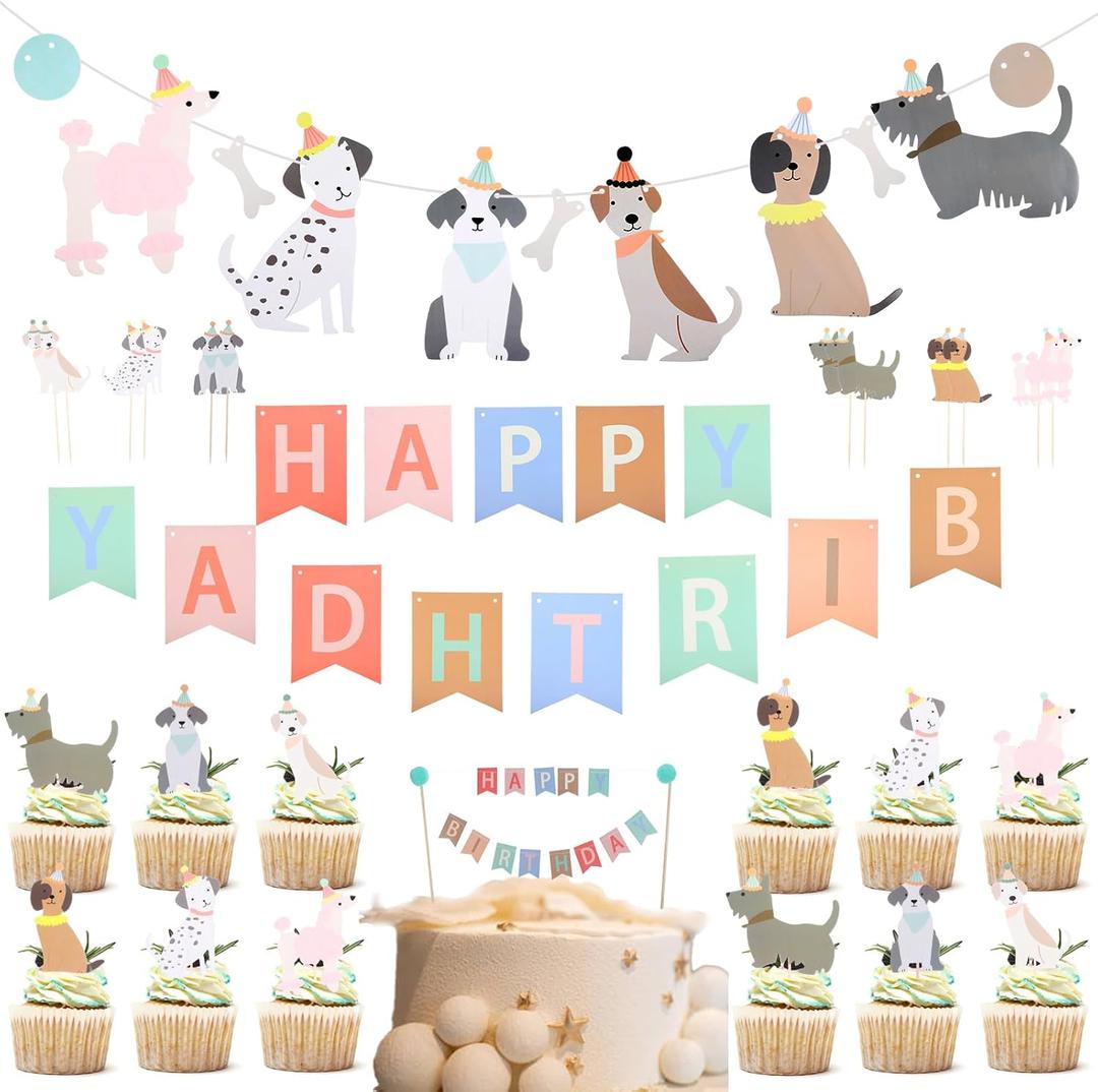 Dog Themed Banner Happy Birthday Banner Dog Birthday Decorations, 12 Pcs Dog Cupcake Toppers Puppy Party Decorations for Dog Lover, Birthday Puppy Decorations (Pink)