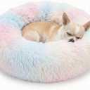Tiny Dog Bed 15 Inch for Extra Small Dogs,Washable Puppy Bed,Soft Faux Fur Calming Donut Bed for Chihuahua Yorkie Maltese Pomeranian,Rainbow