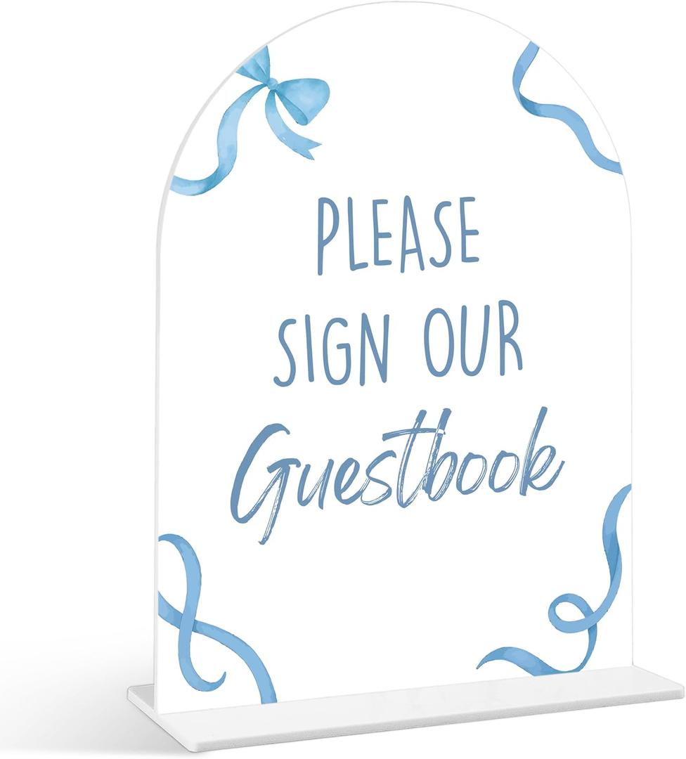 Please Sign Our Guestbook Sign - Blue Bow Baby Shower Sign, 1 Pack Arch Acrylic Sign with Stand, Gender Reveal Party Table Decor, Blue Baby Shower Supplies (SP12)