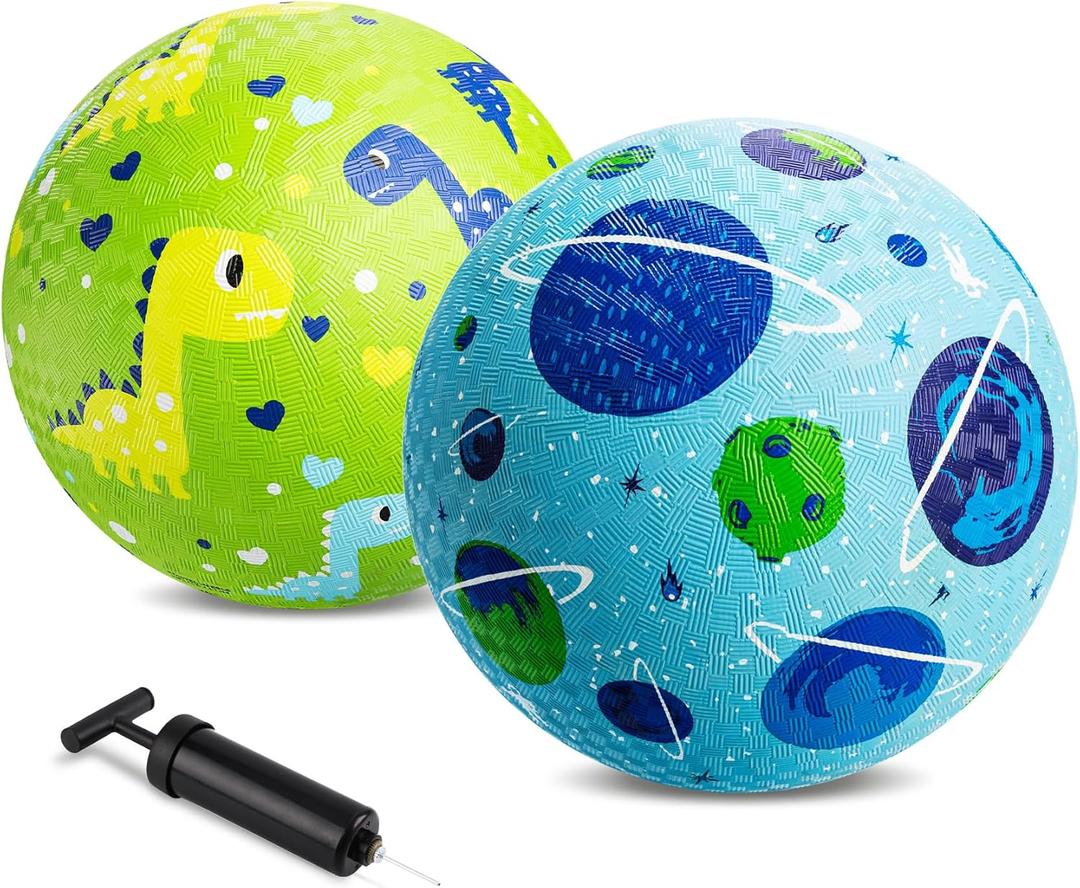 ZOOJOY Pack of 2 Cartoon Playground Balls, Balls for Toddler 3-12, 8.5" Rubber Ball Bouncy Kickball, Indoor & Outdoor Ball Game for Kids with Pump