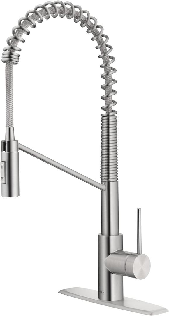 KRAUS Oletto Commercial Style Single Handle Pull Down Kitchen Faucet with QuickDock Top Mount Installation Assembly in Spot Free Stainless Steel, KPF-2631SFS