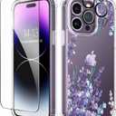 GVIEWIN for iPhone 14 Pro Max Case Floral, with Screen Protector&Camera Lens Protector,[Non Yellowing]Soft Shockproof Clear Phone Protective Cover for Women, Flower Pattern 6.7"(Light Lavender/Purple)