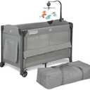 JOYMOR Baby Bassinet, Pack and Play with Bassinet and Carry Bag, Convert to Bedside Sleeper with Toy, Wheels for Boys Girls (Gray)
