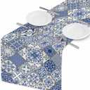 HOSNYE Table Runner Blue White Patchwork Tile in Spanish Style,Cotton Linen Table Runner Decoration for Kitchen Family Dinner Table Holiday Party Farmhouse Style 13 x 72 Inch