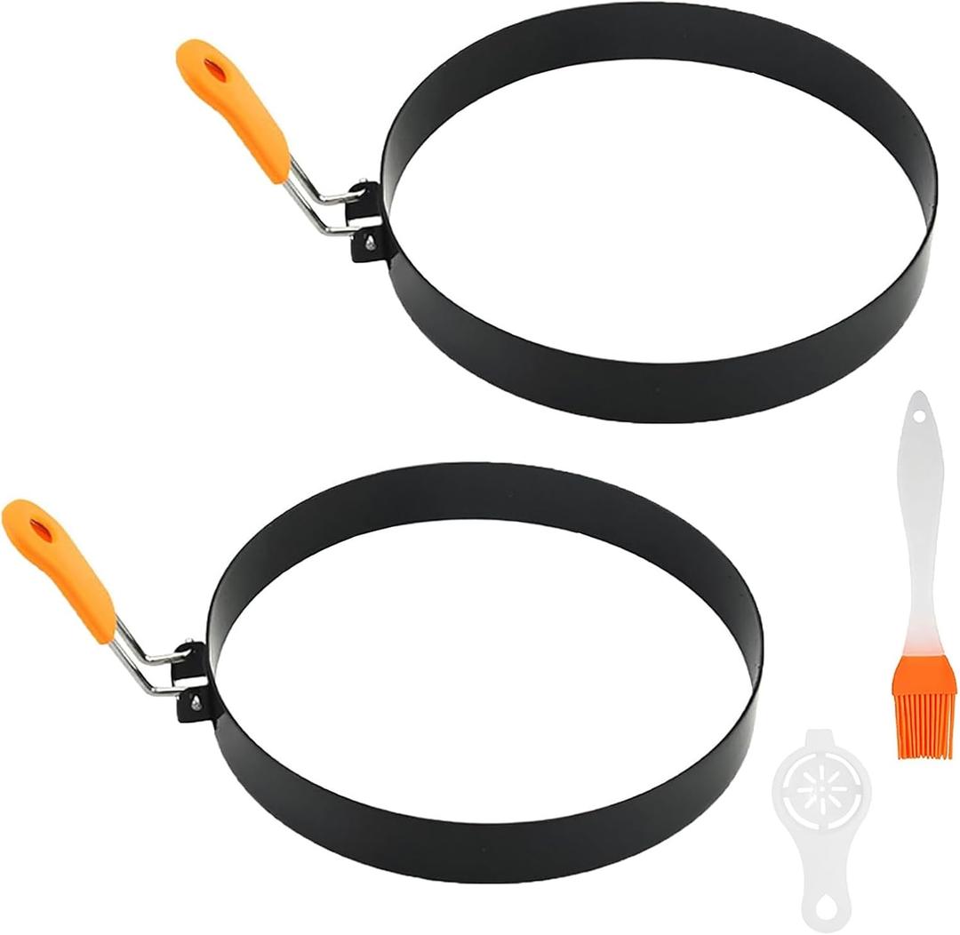 2 Pcs 8" Pancake Mold Nonstick Round Pancake Egg Mold with Silicone Handle Stainless Steel Frying Eggs Ring for Griddle Sandwich Eggs Camping Indoor Breakfast