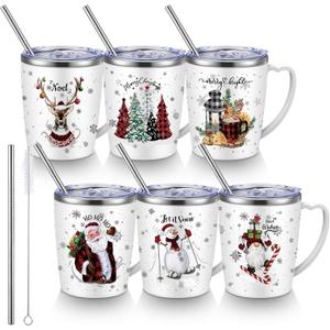 6 Pcs Christmas Coffee Mugs Cups 11 oz Christmas Stainless Steel Tumbler Vacuum Insulated Coffee Cups with Handle Lid Straw Wine Mug for Winter Xmas Gift Holiday Party Supplies(Buffalo Plaid)
