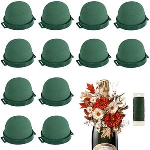 12Pcs Mini Floral Foam Holder Round, Green Bottle Floral Foam Bouquet Holders for Fresh/Artificial Flowers with Floral Wire for Wedding Party Decor, Table Centerpieces, DIY Arrangements Supplies