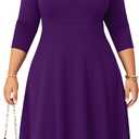 Runwind Plus Size Midi Dress for Women Casual Cocktail Church 3/4 Sleeve V Neck Work A-Line Dresses with Pockets (5X, Purple)