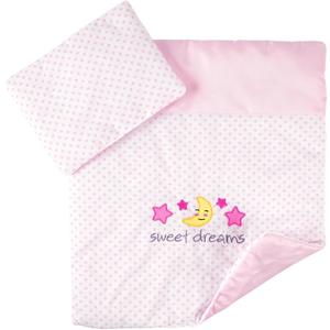 BABESIDE 2 Pcs Baby Doll Bedding Set for 12-15 Inch Dolls, Pink Polka Dot Baby Doll Blanket and Pillow Set with Cute Moon & Stars Pattern for Bitty Babydoll Accessories