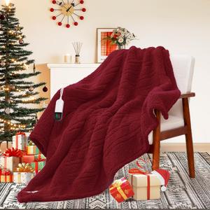 MAXEVE Heated Blanket Electric Throw 50"x60" Soft Double Sided Sherpa Heating Blanket with 8 Fast Heating Levels & 1-8H Auto-Off,Over-Heat Protection,Machine Washable,ETL Certification,Christmas Red (Wine)