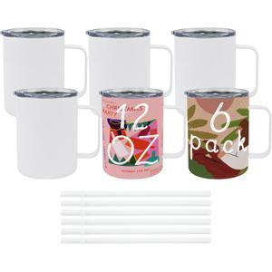 6 Pack 12 oz Sublimation Tumblers with handle Coffee Blanks, with Lid and Straw Cups Blank Bulk, Straight Skinny Insulated Cup Stainless Steel Water Bottle for Craft DIY