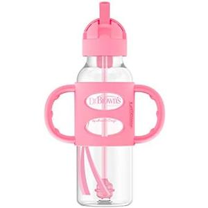 Dr. Brown's Milestones Narrow Sippy Straw Bottle, Spill-Proof with 100% Silicone Handles and Weighted Straw, 8 oz/250 mL, Pink, 6m+