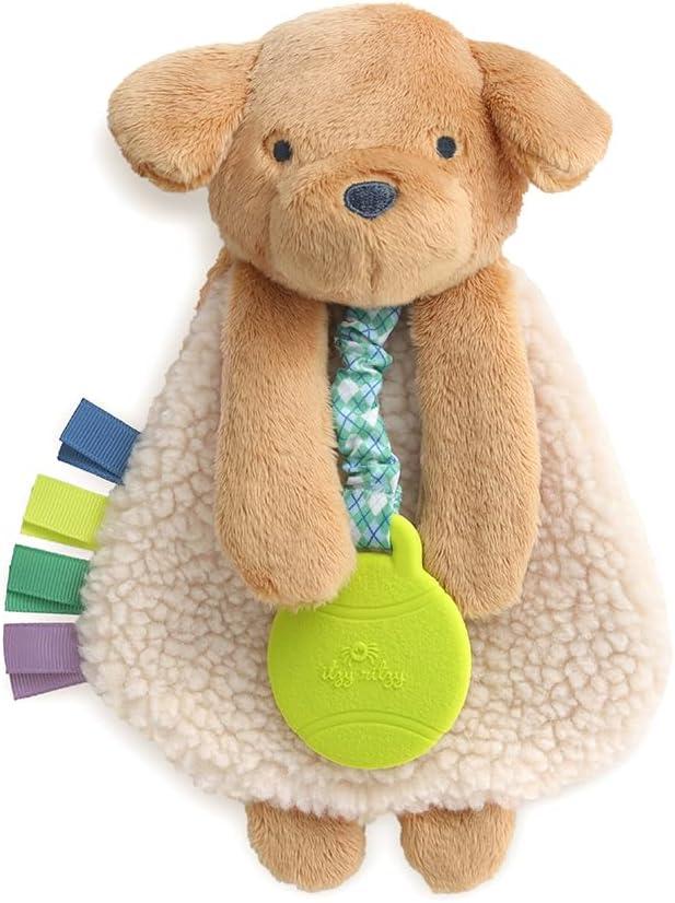 Itzy Ritzy - Itzy Lovey Including Teether - Baby Lovey with Teether, Textured Ribbons & Dangle Arms - Features Crinkle Sound, Sherpa Fabric and Minky Plush (Puppy)