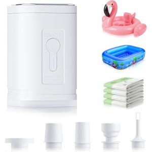 Air Pump for Inflatables Portable Air Pump Electric Mini Tiny with Type C Rechargeable, Quickly Inflate & Deflate for Swimming Ring, Toys, Pool Float, Air Mattress, Deflate Storage Bag (White)