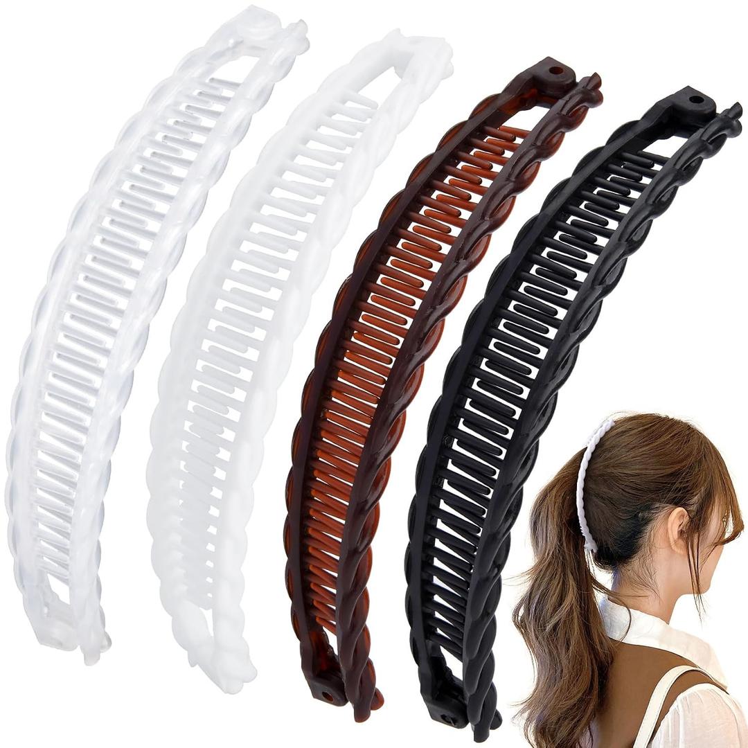 4pcs Banana Hair Clips for Women, Non-Slip Large Hair Claw Clips, Classic Double Combs Hair Accessories for Thick Thin Fine Straight Curly Long Short Hair- Brown & Black & White & Clear