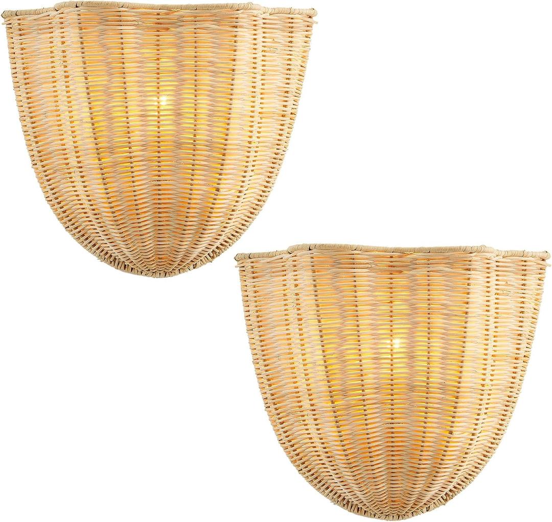 Modern Rattan Wall Light Fixtures Set of 2, Farmhouse Sconces Wall Lighting, Rustic Wall Sconce for Bedroom Kitchen Living Room Bathroom